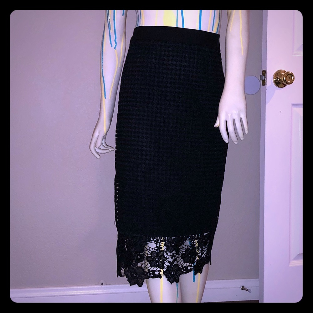 Black Midi Pencil Skirt w/ Crochet Floral Overlay